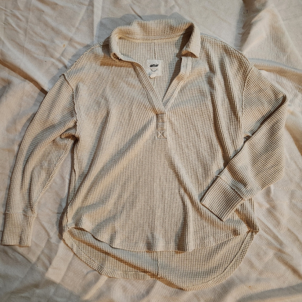 Aerie LumberJane Waffle Knit Polo Sweatshirt Size S Neutral Cozy Frost Soft